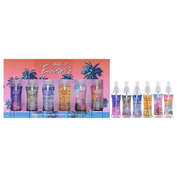 Escapes Body Mist Set by So…? For Women - 6 Pc 1.7oz Body Mist - Ibiza Dreams, 1.7oz Body Mist - Mykonos Night, 1.7oz Body Mist - Bali Breeze, 1.7oz Body Mist - Seychelle Sand, 1.7oz Body Mist - Hawaiin Honey, 1.7oz Body Mist - Santorini Sunset