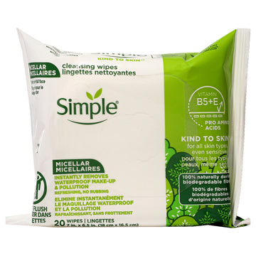 Kind To Skin Micellar Wipes by Simple for Women - 20 Count Wipes - Pack of 2
