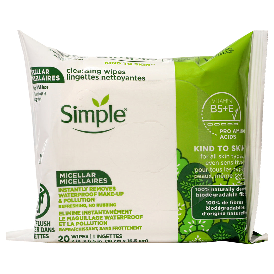 Kind To Skin Micellar Wipes by Simple for Women - 20 Count Wipes - Pack of 4