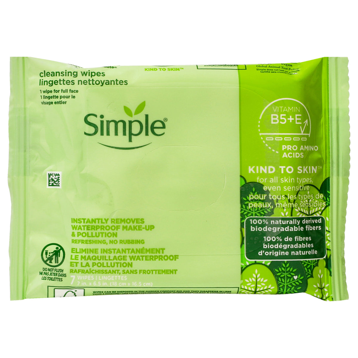 Kind To Skin Cleansing Wipes by Simple for Women - 7 Count Wipes - Pack of 2