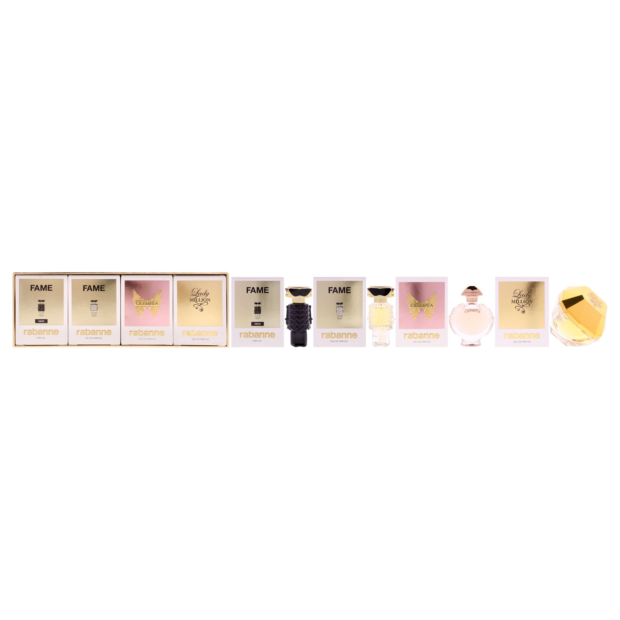 Paco Rabanne Feminine Miniature by Paco Rabanne for Women - 4 Pc Mini Gift Set 0.17oz Lady Million EDP Spray, 0.2oz Olympea EDP Spray, 0.14oz Fame EDP Spray, 0.14oz Fame Parfum Spray