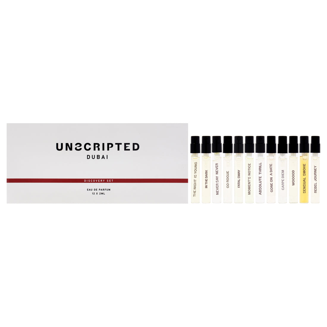 Discovery Set by Unscripted for Unisex - 12 x 2 ml The Night Is Young EDP Spray Vial, Fatal Sway EDP Spray Vial, Carpe Diem EDP Spray Vial, Wooood EDP Spray Vial, In The Dark EDP Spray Vial, Go Rogue EDP Spray Vial, Never Say Never EDP Spray Vial