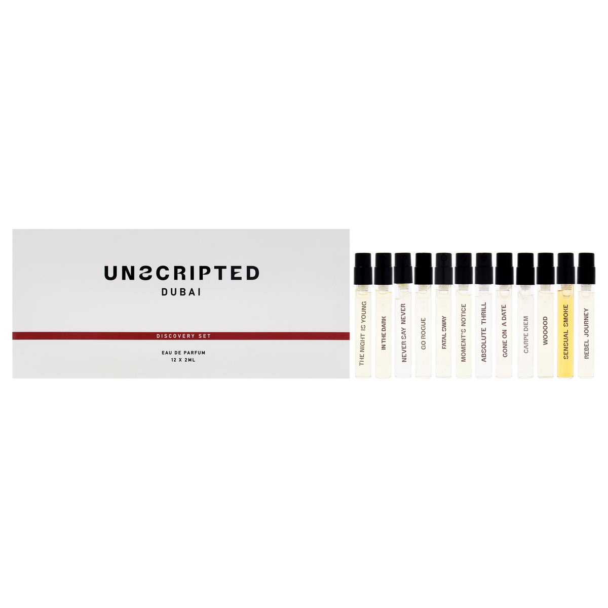 Discovery Set by Unscripted for Unisex - 12 x 2 ml The Night Is Young EDP Spray Vial, Fatal Sway EDP Spray Vial, Carpe Diem EDP Spray Vial, Wooood EDP Spray Vial, In The Dark EDP Spray Vial, Go Rogue EDP Spray Vial, Never Say Never EDP Spray Vial