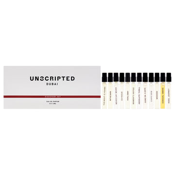 Discovery Set by Unscripted for Unisex - 12 x 2 ml The Night Is Young EDP Spray Vial, Fatal Sway EDP Spray Vial, Carpe Diem EDP Spray Vial, Wooood EDP Spray Vial, In The Dark EDP Spray Vial, Go Rogue EDP Spray Vial, Never Say Never EDP Spray Vial