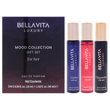 Mood Collection Gift Set for Her by Bellavita for Women - 3 Pc Gift Set 0.5oz Alpha EDP Spray, 0.5oz Fantasy EDP Spray, 0.5oz Magnetic EDP Spray
