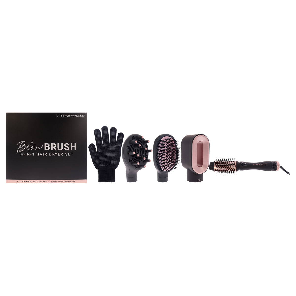Blow Brush - BWBLBR01 Midnight Rose - US Plug by Beachwaver for Women - 6 Pc Hair Dryer, Oval Nozzle, Diffuser, Round Brush, Smooth Brush, Glove