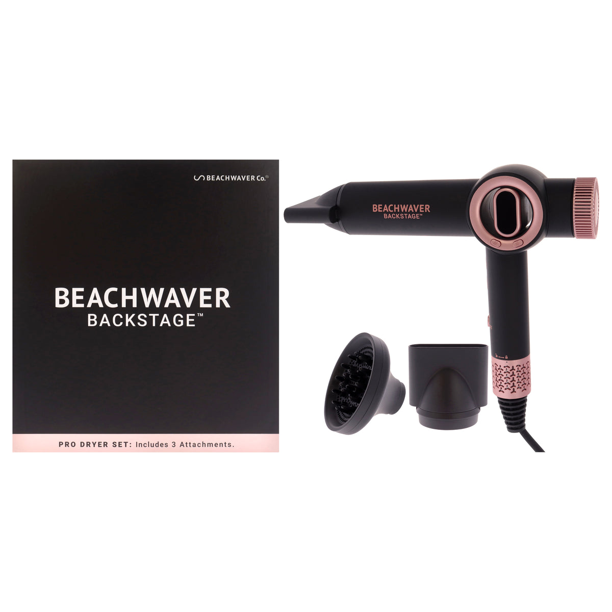 Backstage Pro Dryer Set - BWBSD01 Midnight Rose - US Plug by Beachwaver for Women - 4 Pc Hair Dryer, Nozzle - Small, Nozzle - Large, Diffuser Attachment