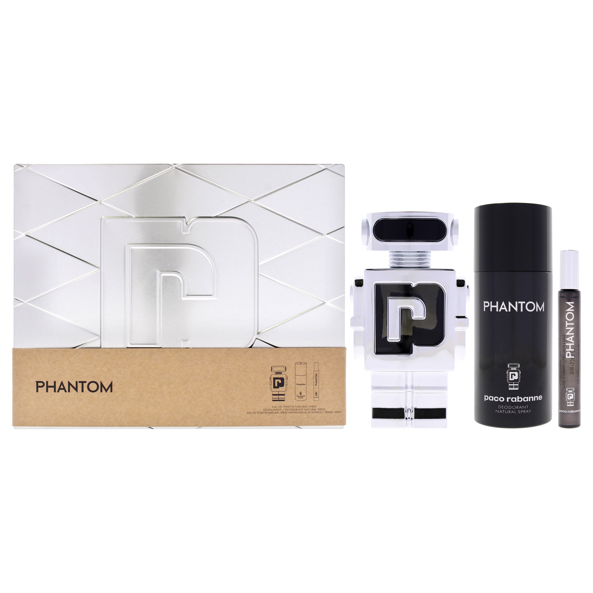 Phantom by Paco Rabanne for Men - 3 Pc Gift Set 3.4oz EDT Spray, 0.34oz EDT Spray (Mini), 5.1oz Deodrant Spray