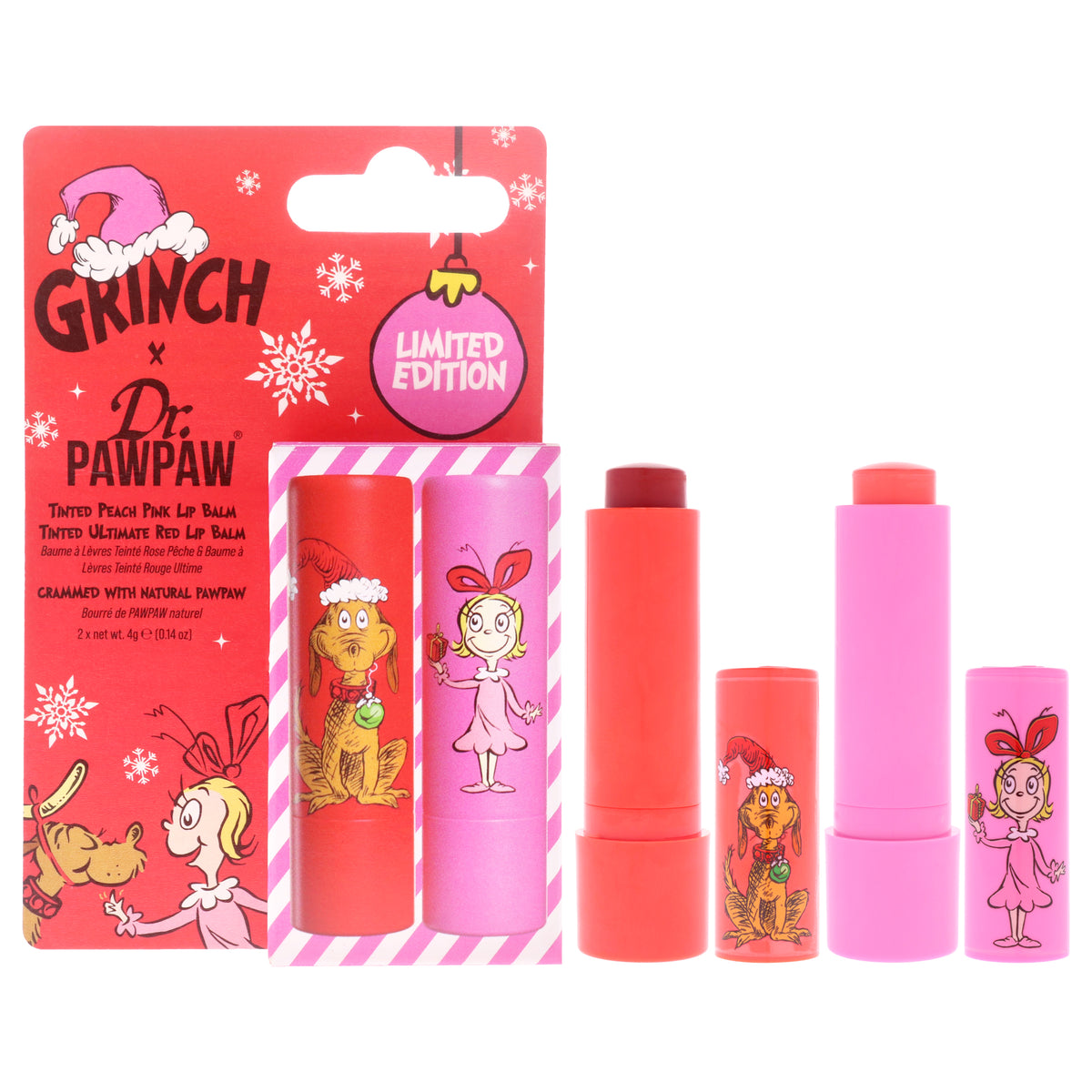 The Grinch Limited Edition Set by Dr. PawPaw for Women - 2 Pc 0.14oz Lip Balm - Ultimate Red, 0.14oz Lip Balm - Peach Pink