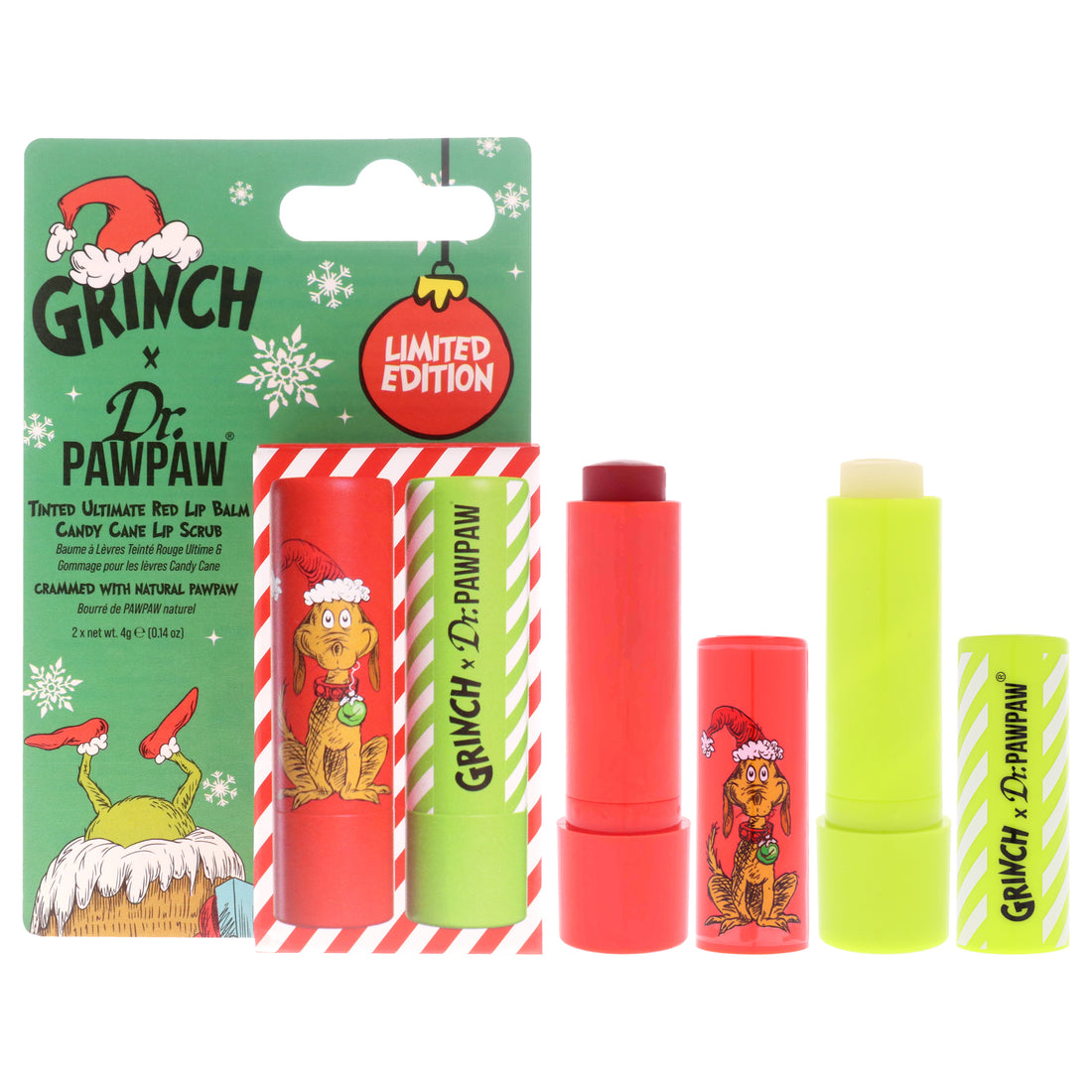 The Grinch Limited Edition Set by Dr. PawPaw for Women - 2 Pc 0.14oz Lip Scrub - Candy Cane, 0.14oz Lip Balm - Ultimate Red