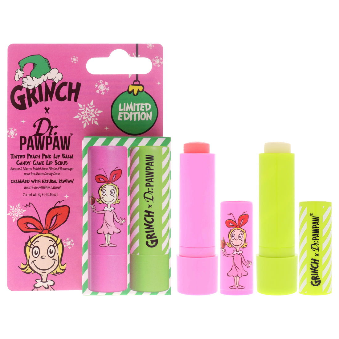 The Grinch Limited Edition Set by Dr. PawPaw for Women - 2 Pc 0.14oz Lip Scrub - Candy Cane, 0.14oz Lip Balm - Peach Pink