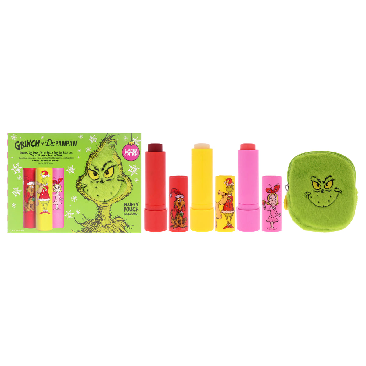 The Grinch Limited Edition Set by Dr. PawPaw for Women - 3 Pc 0.14oz Lip Balm - Original, 0.14oz Lip Balm - Peach Pink, 0.14oz Lip Balm - Ultimate Red
