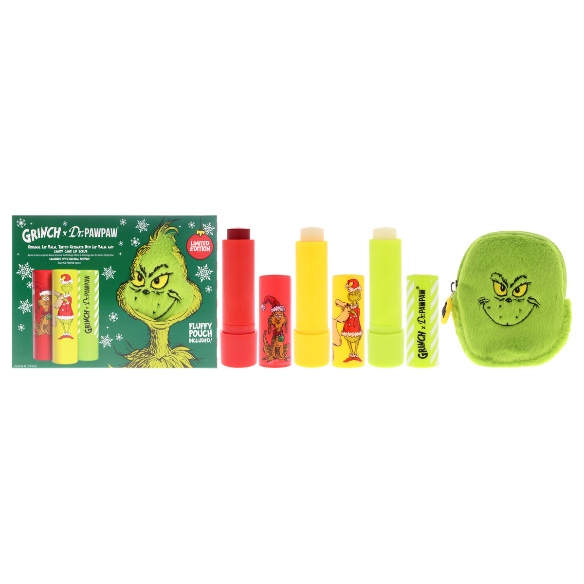 The Grinch Limited Edition Set by Dr. PawPaw for Women - 3 Pc 0.14oz Lip Balm - Original, 0.14oz Lip Balm - Ultimate Red, 0.14oz Lip Scrub - Candy Cane