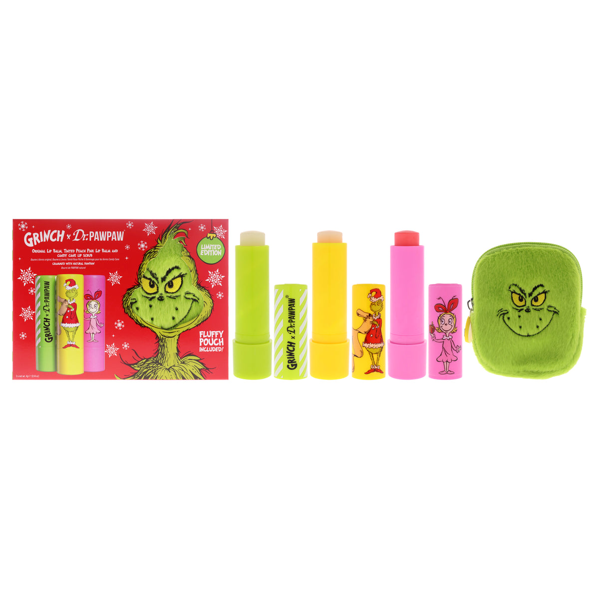 The Grinch Limited Edition Set by Dr. PawPaw for Women - 3 Pc 0.14oz Lip Balm - Original, 0.14oz Lip Balm - Peach Pink, 0.14oz Lip Scrub - Candy Cane