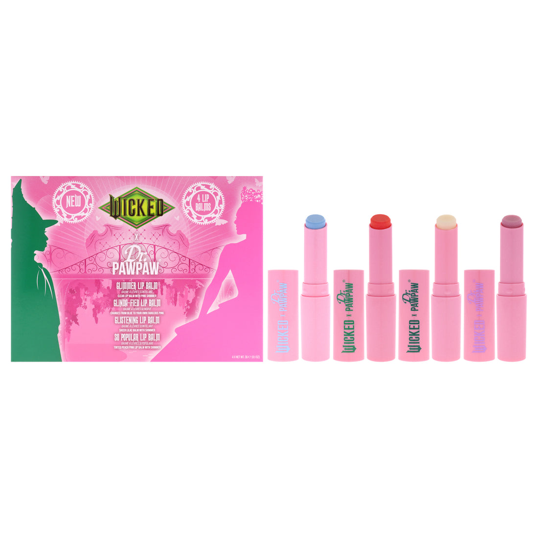 Wicked Collection - Glinda by Dr. PawPaw for Women - 4 Pc 0.1oz Lip Balm - Glimmer, 0.1oz Lip Balm - Glinda-Fied, 0.1oz Lip Balm - Glistening, 0.1oz Lip Balm - So Popular