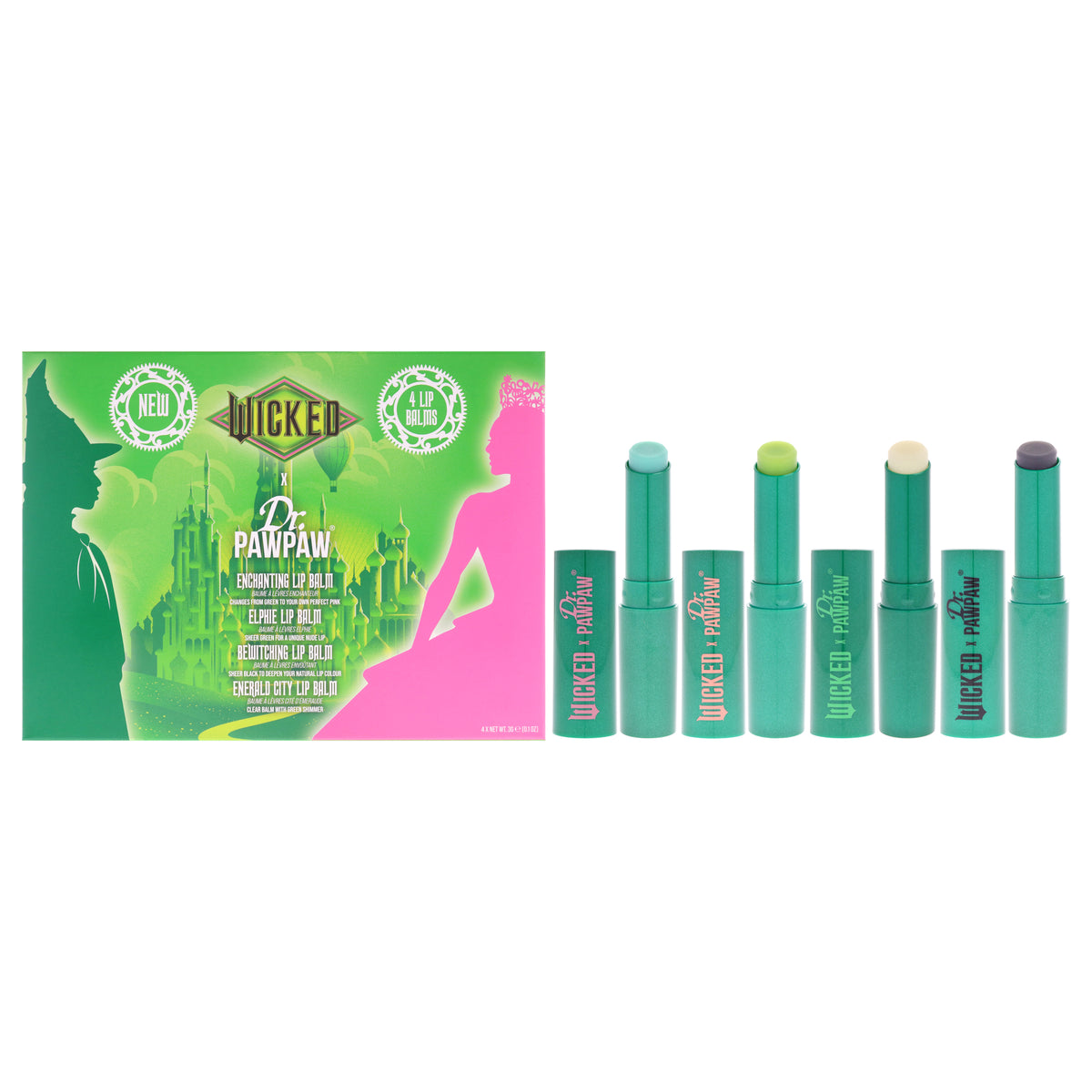 Wicked Collection - Elphaba by Dr. PawPaw for Women - 4 Pc 0.1oz Lip Balm - Enchanting, 0.1oz Lip Balm - Elphie, 0.1oz Lip Balm - Bewitching, 0.1oz Lip Balm - Emerald City