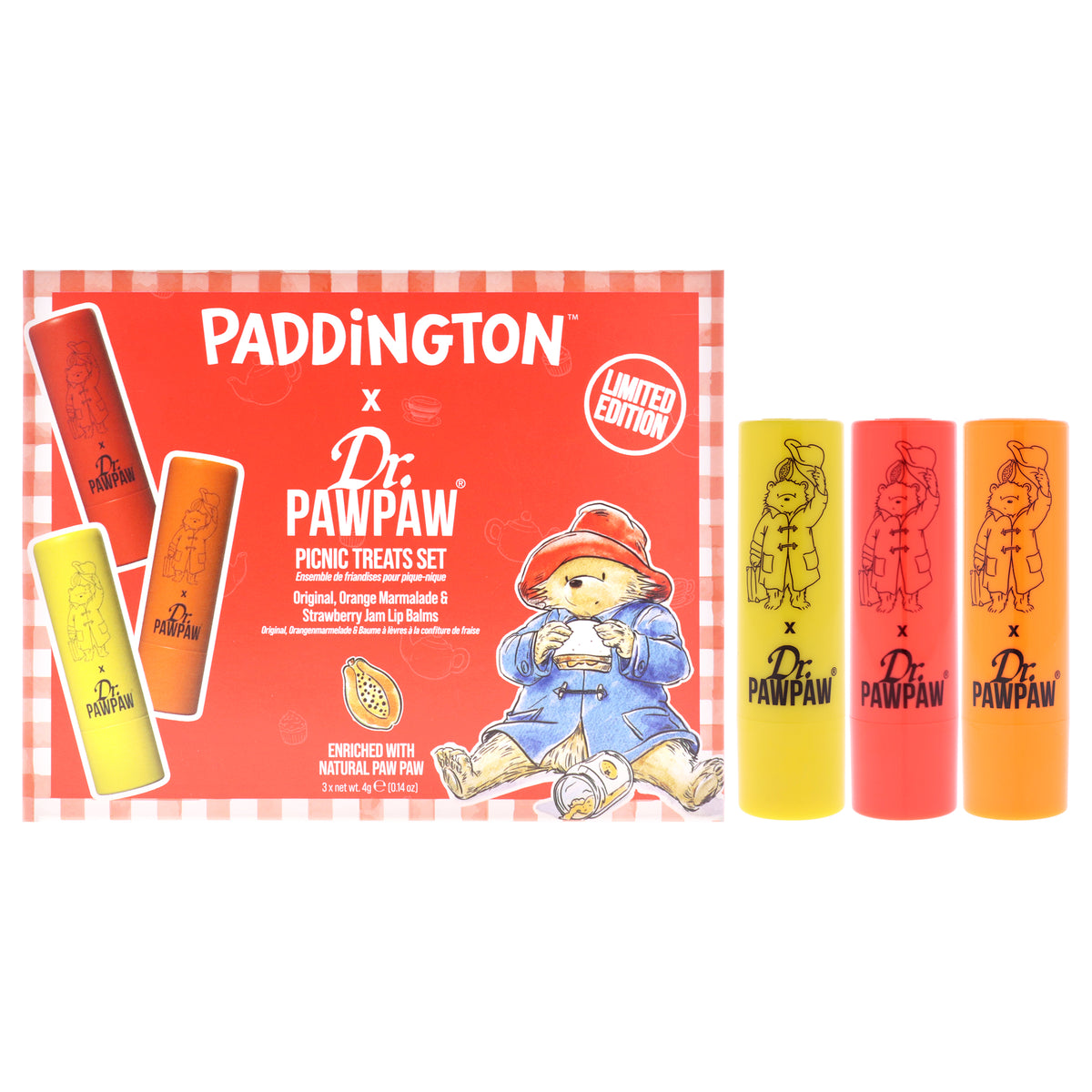 Paddington Picnic Treats Limited Edition Set by Dr. PawPaw for Women - 3 Pc 0.14oz Lip Balm - Original, 0.14oz Lip Balm - Strawberrry Jam, 0.14oz Lip Balm - Orange Marmalade