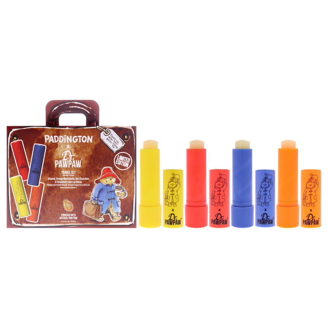 Paddington Travel Limited Edition Set by Dr. PawPaw for Women - 4 Pc 0.14oz Lip Balm - Original, 0.14oz Lip Balm - Hot Chocolate, 0.14oz Lip Balm - Orange Marmalade, 0.14oz Lip Balm - Strawberry Jam