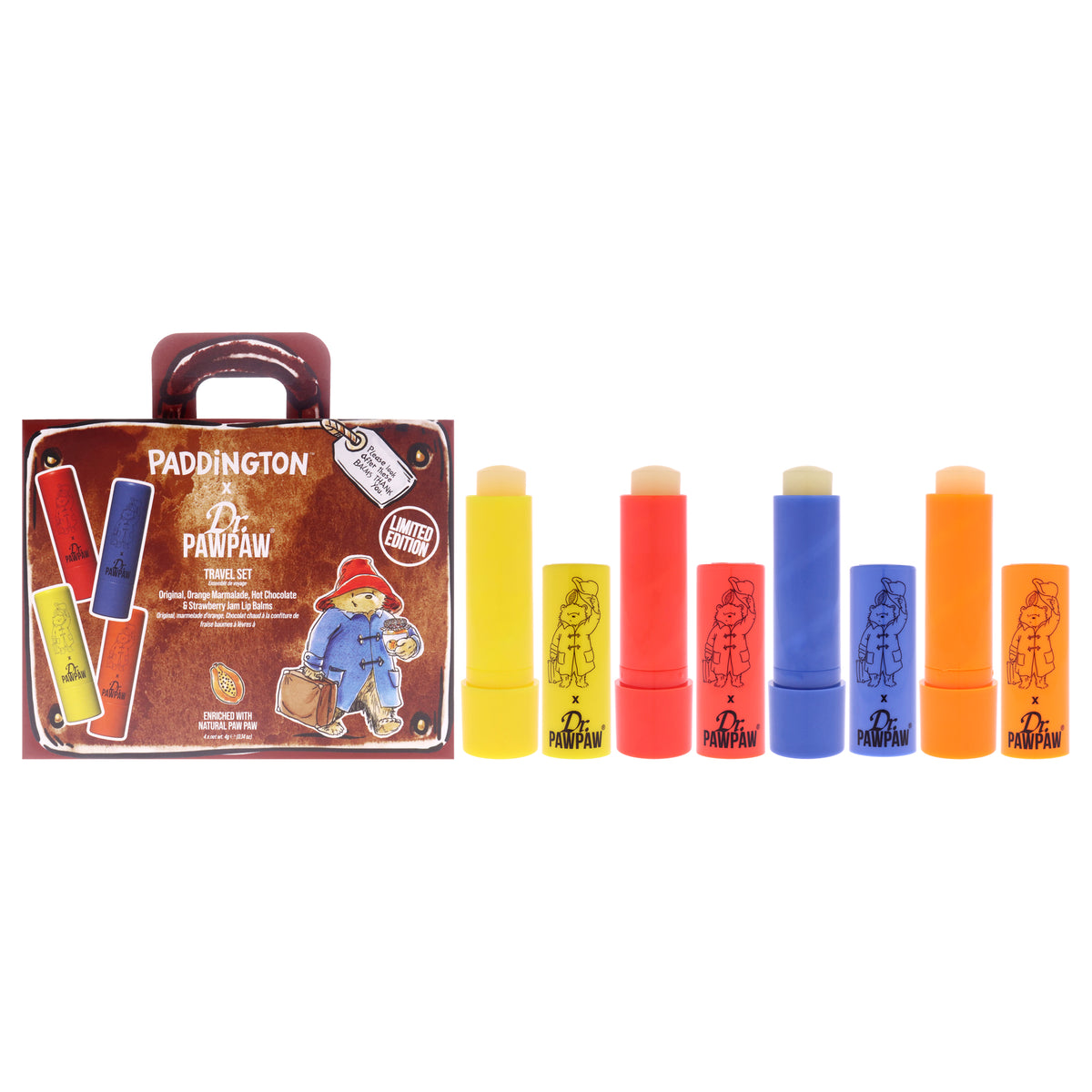 Paddington Travel Limited Edition Set by Dr. PawPaw for Women - 4 Pc 0.14oz Lip Balm - Original, 0.14oz Lip Balm - Hot Chocolate, 0.14oz Lip Balm - Orange Marmalade, 0.14oz Lip Balm - Strawberry Jam
