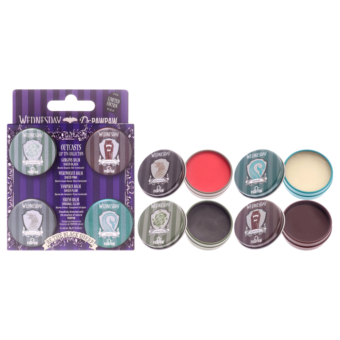 Wednesday Lip Tin Collection - Outcast Limited Edition Set by Dr. PawPaw for Women - 4 Pc 0.35oz Gorgeos Balm - Sheer Balm, 0.35oz Vampires Balm - Sheer Plum, 0.35oz Warewolves Balm - Sheer Pink, 0.35oz Sirens Balm - Original Clear