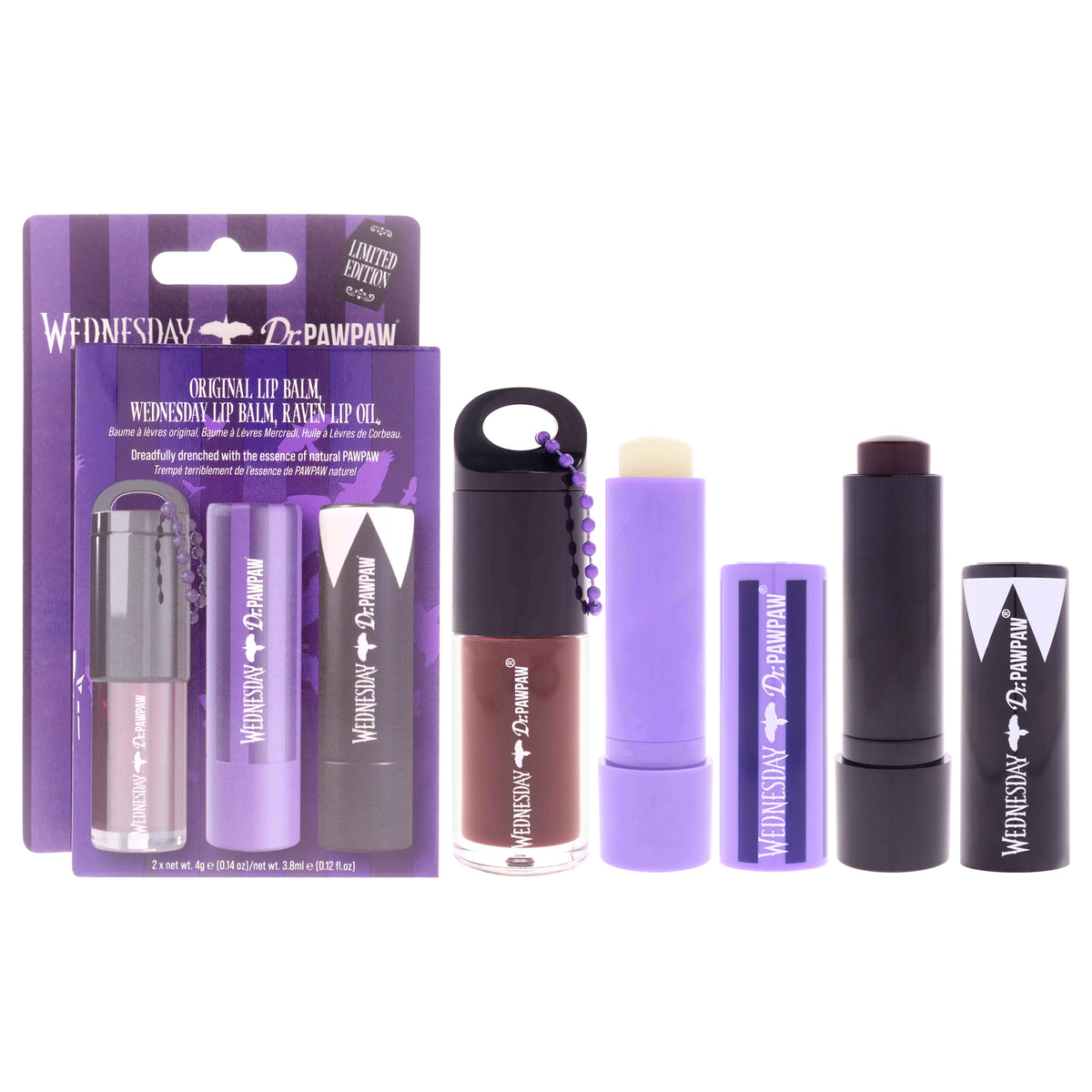 Wednesday Limited Edition Set by Dr. PawPaw for Women - 3 Pc 0.14oz Lip Balm - Original, 0.14oz Sheer Plum Balm, 0.12oz Lip Oil - Deep Blackberry