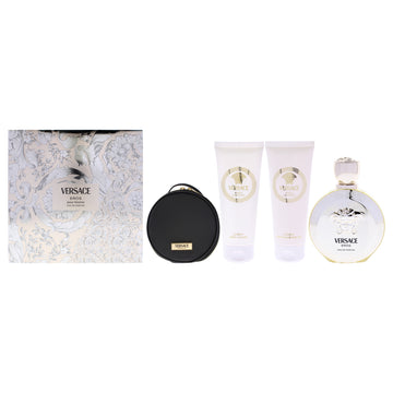 Versace Eros by Versace for Women - 4 Pc Gift Set 3.4oz EDP Spray, 3.4oz Luxury Body Lotion, 3.4oz Luxury Shower Gel, Round Make Up Case