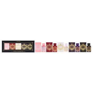 Badee Al Oud Collection by Lattafa for Unisex - 5 Pc Mini Gift Set 0.16oz Noble Blush EDP Splash, 0.16oz Sublime EDP Splash, 0.16oz Oud for Glory EDP Splash, 0.16oz Amethyst EDP Splash, 0.16oz Honor and Glory EDP Splash