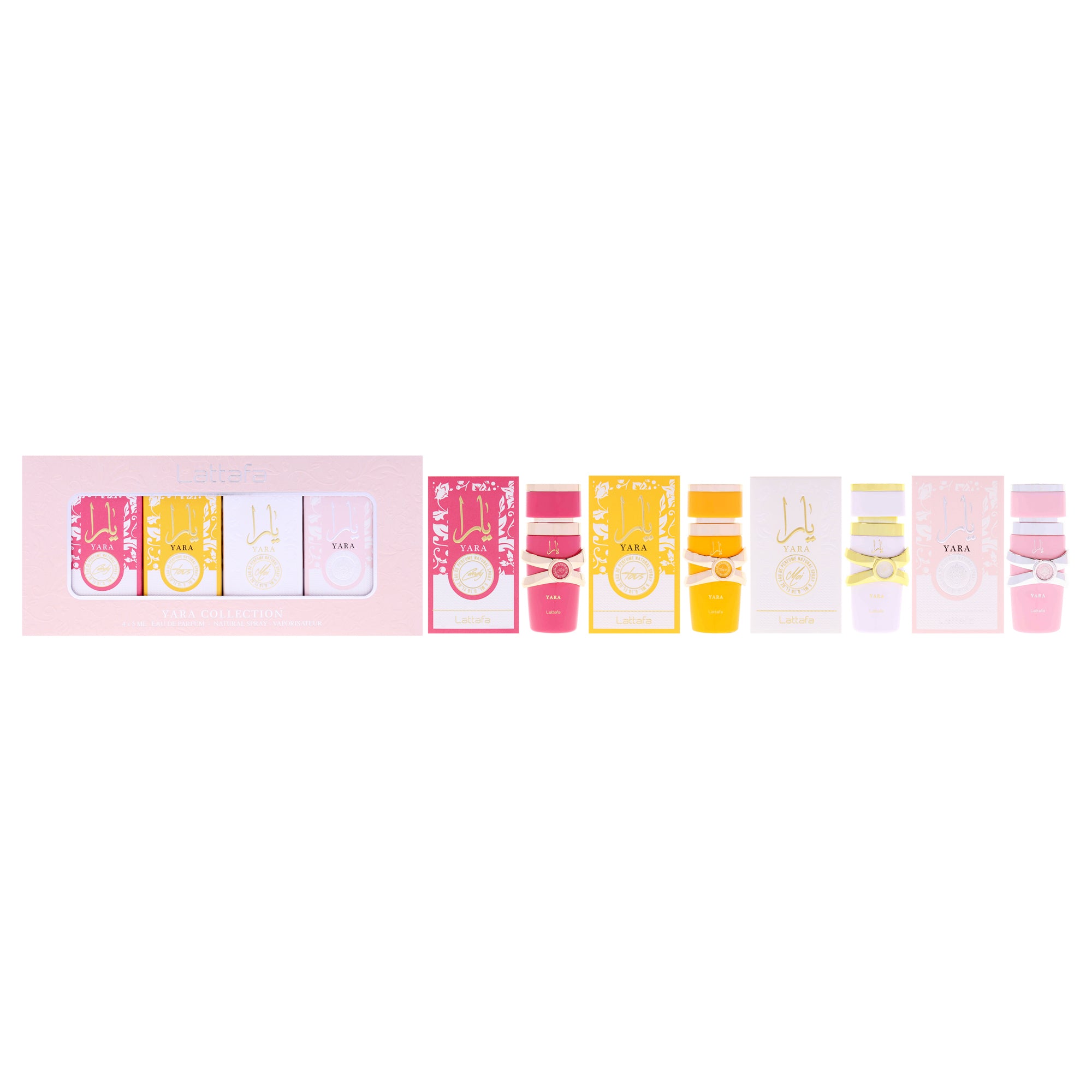 Yara Collection by Lattafa for Women - 4 Pc Mini Gift Set 0.16oz Yara EDP Splash, 0.16oz Yara Tous EDP Splash, 0.16oz Yara Moi EDP Splash, 0.16oz Yara Candy EDP Splash