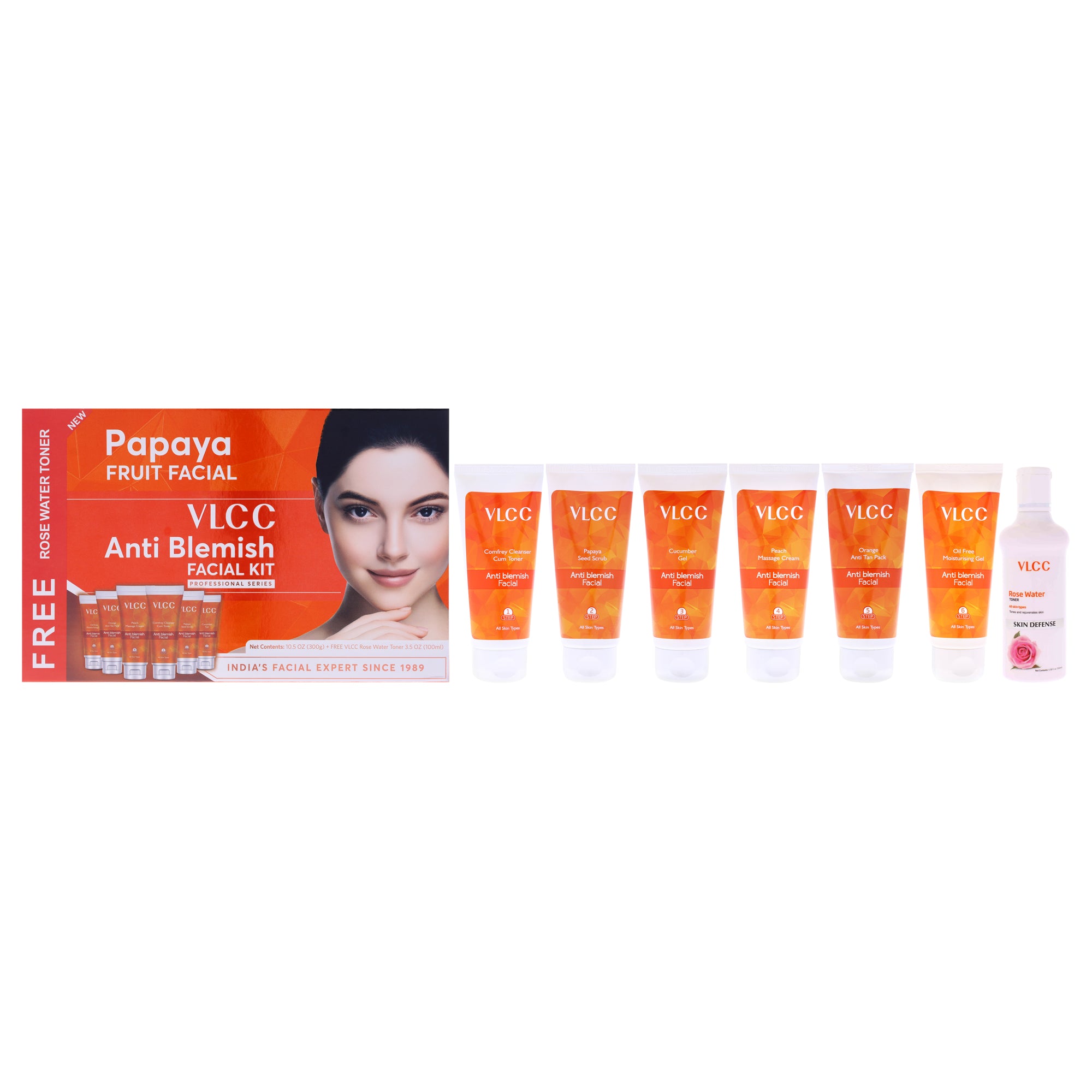 Anti Blemish Facial Kit by VLCC for Women - 7 Pc 1.76oz Comfrey Cleanser Cum Toner, 1.76oz Papaya Seed Scrub, 1.76oz Cucumber Gel, 1.76oz Peach Massage Cream, 1.76oz Orange Anti Tan Pack, 1.76oz Oil Free Moisturising Gel, 3.5oz Rose Water Toner