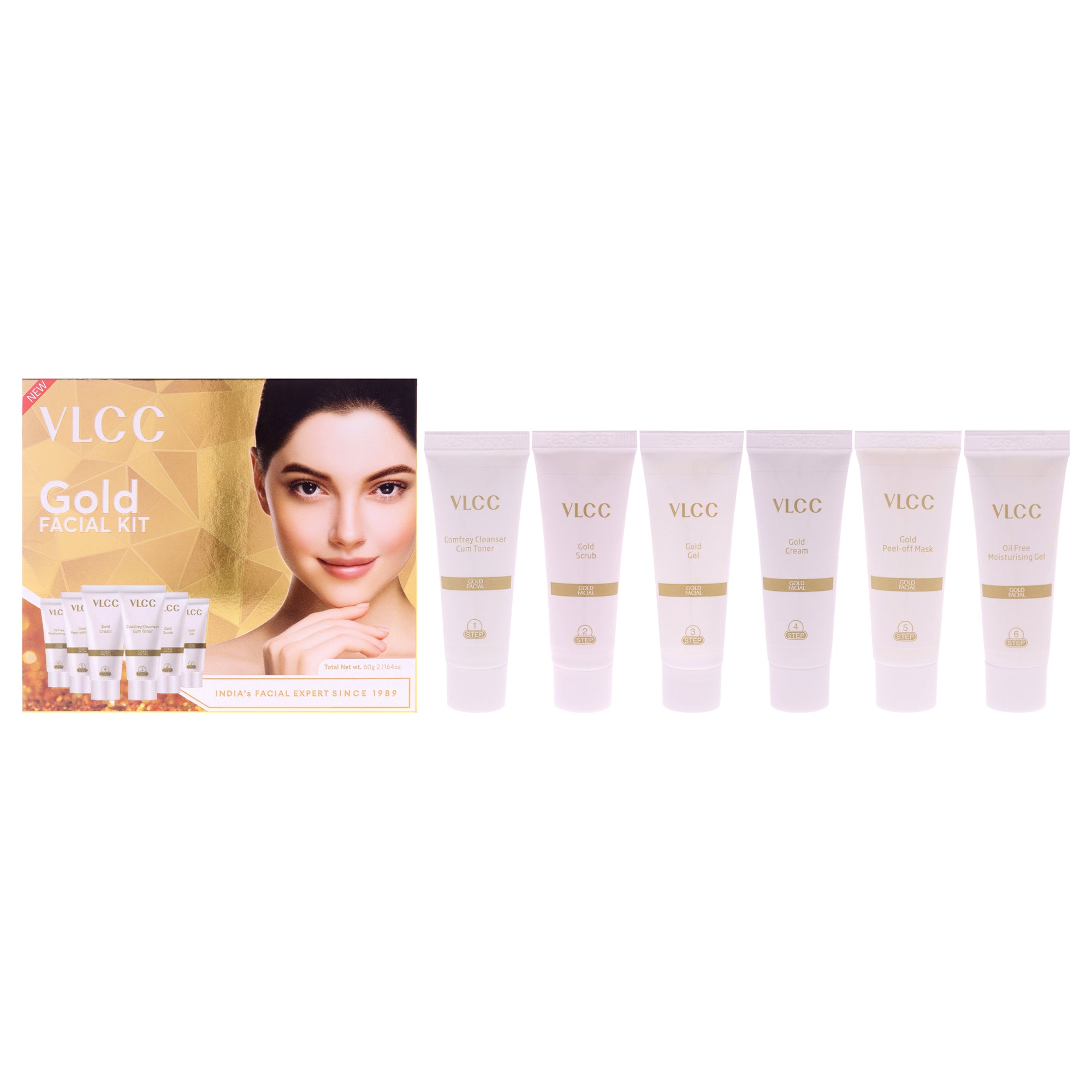 Gold Facial Kit by VLCC for Women - 6 Pc 0.35oz Comfrey Cleanser Cum Toner, 0.35oz Gold Scrub, 0.35oz Gold Gel, 0.35oz Gold Cream, 0.35oz Gold Peel Off Mask, 0.35oz Oil Free Moisturising Gel