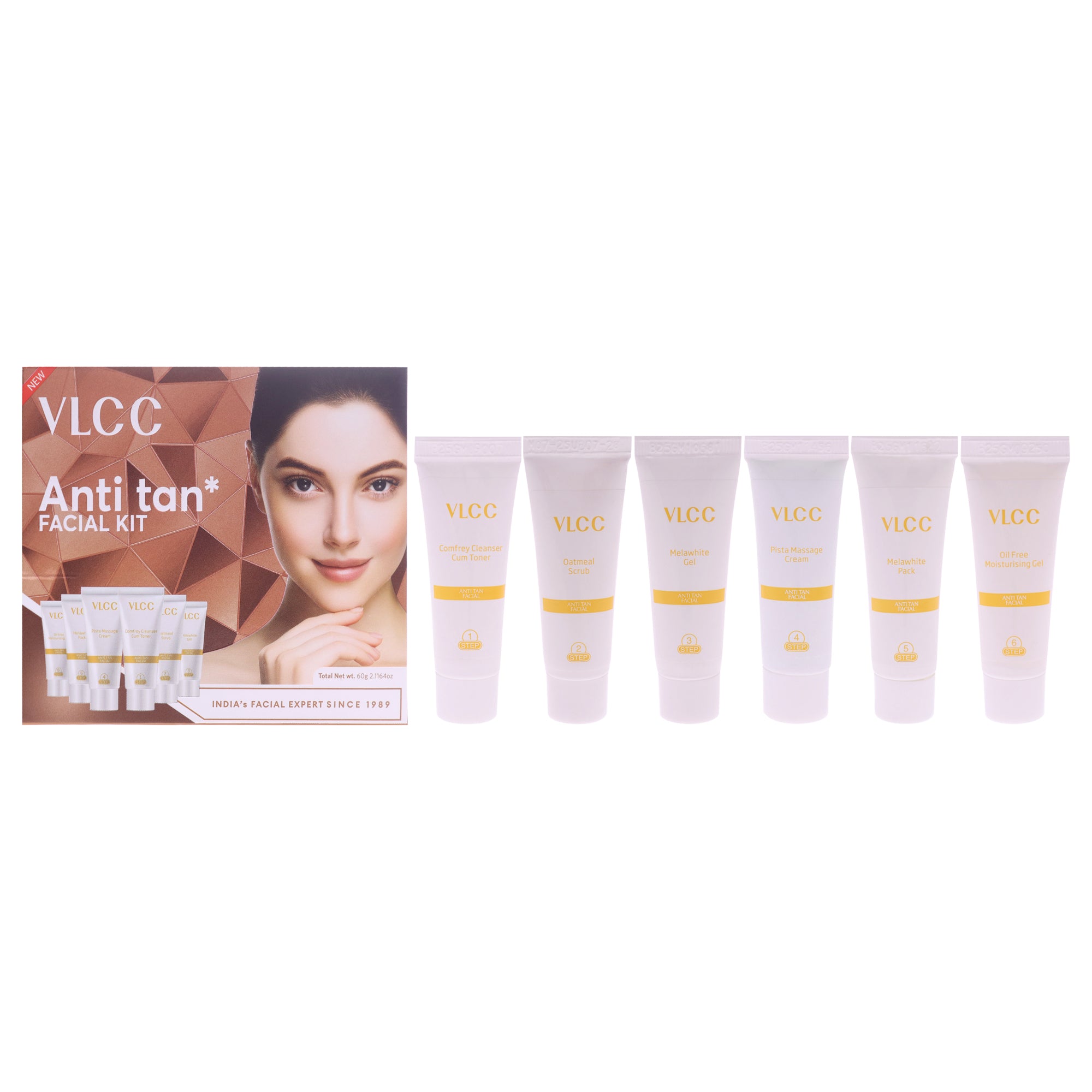 Anti Tan Facial Kit by VLCC for Women - 6 Pc 0.35oz Comfrey Cleanser Cum Toner, 0.35oz Oatmeal Scrub, 0.35oz Melawhite Gel, 0.35oz Pista Massage Cream, 0.35oz Melawhite Pack, 0.35oz Oil Free Moisturising Gel