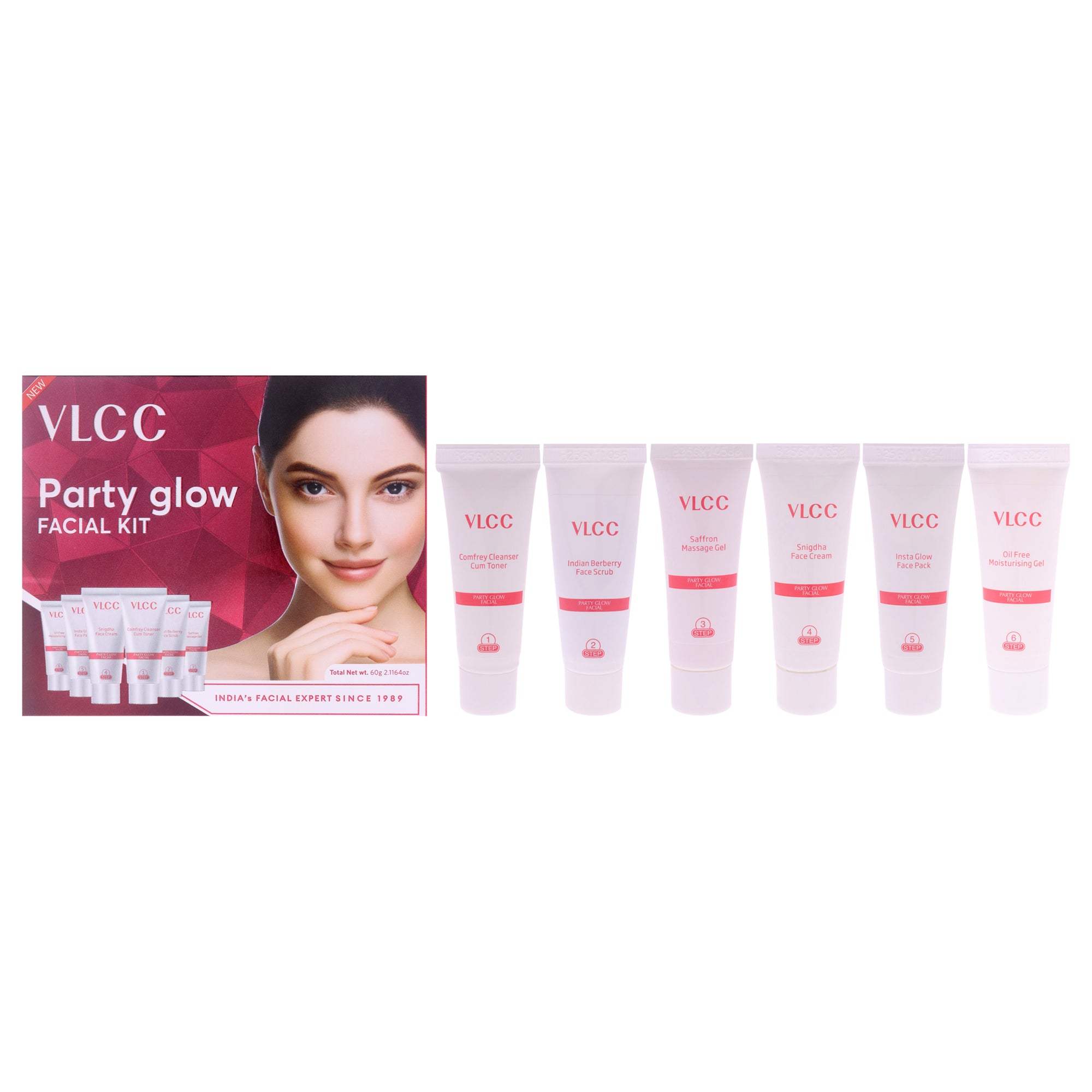 Party Glow Facial Kit by VLCC for Women - 6 Pc 0.35oz Comfrey Cleanser Cum Toner, 0.35oz Indian Berberry Face Scrub, 0.35oz Saffron Massage Gel, 0.35oz Snigdha Face Cream, 0.35oz Insta Glow Face Pack, 0.35oz Oil Free Moisturising Gel