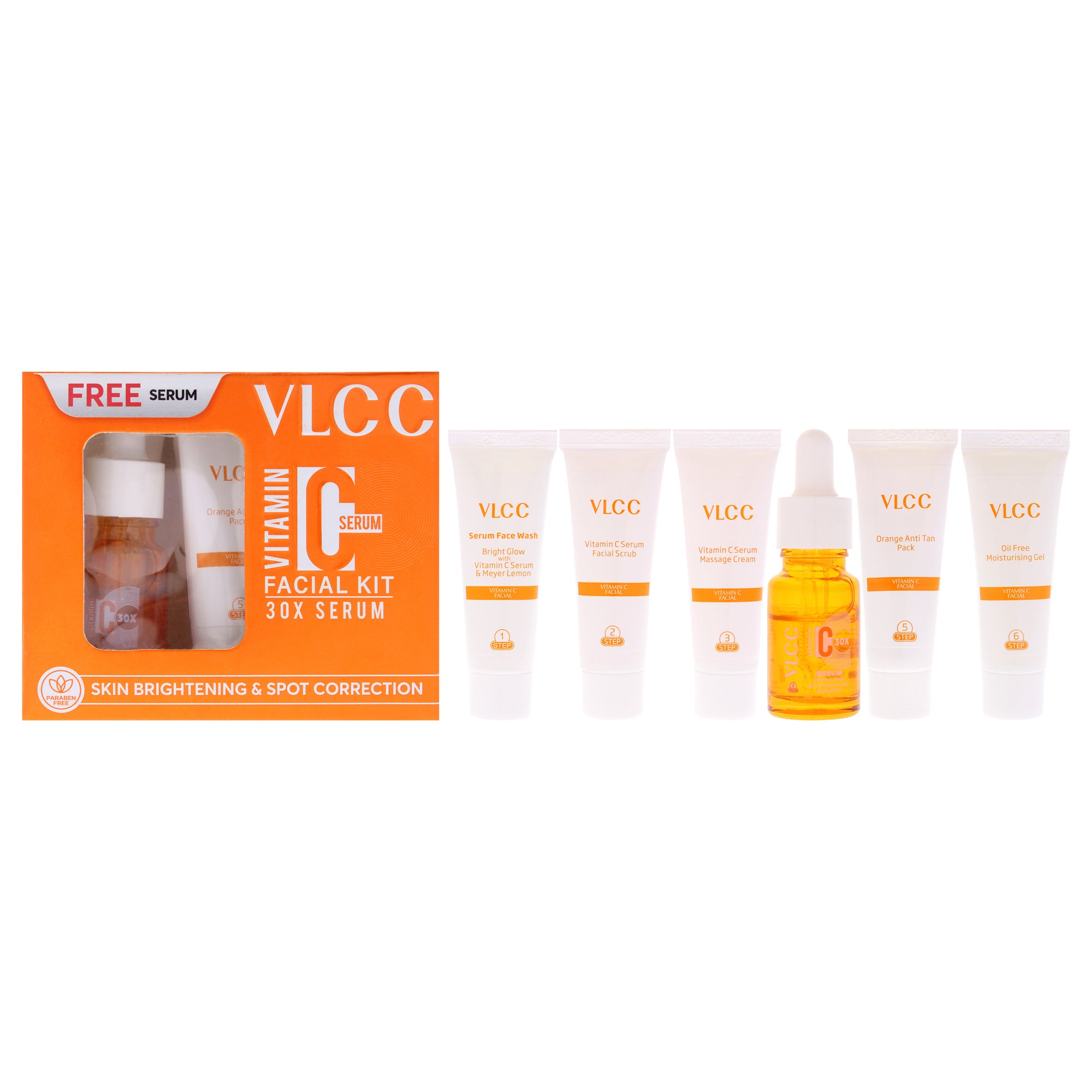 Vitamin C Facial Kit by VLCC for Women - 6 Pc 0.33oz Serum Face Wash - Meyer Lemon, 0.35oz Vitamin C Serum Facial Scrub, 0.35oz Vitamin C Serum Massage Cream, 0.27oz Vitamin C Serum, 0.35oz Orange Anti Tan Pack, 0.35oz Oil Free Moisturising Gel