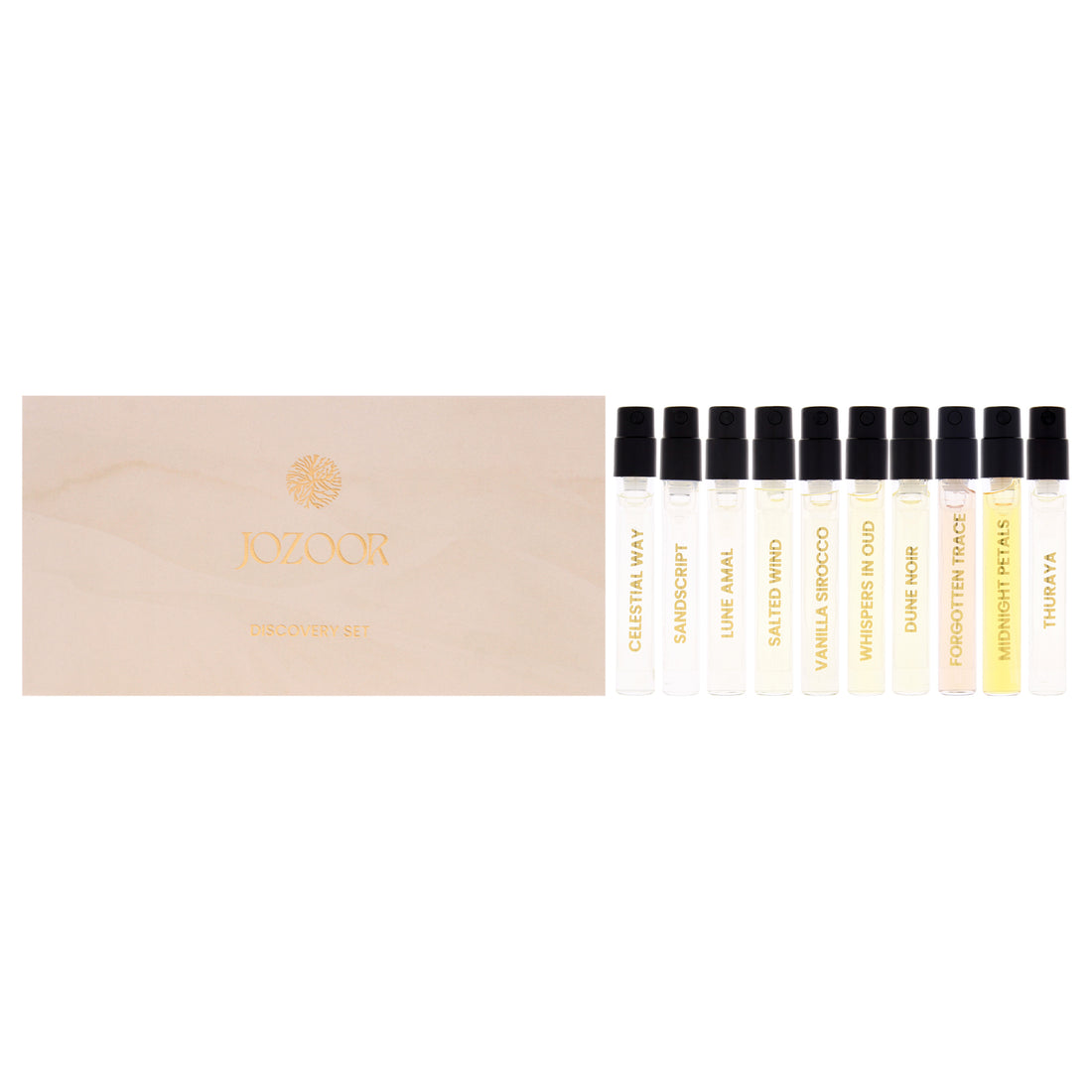 Discovery Set by Jozoor for Unisex - 10 Pc Mini Gift Set 2ml Midnight Petals EDP Spray Vial, 2ml Whispers In Oud EDP Spray Vial, 2ml Vanilla Sirocco EDP Spray Vial, 2ml Lune Amal EDP Spray Vial, 2ml Sandscript EDP Spray Vial