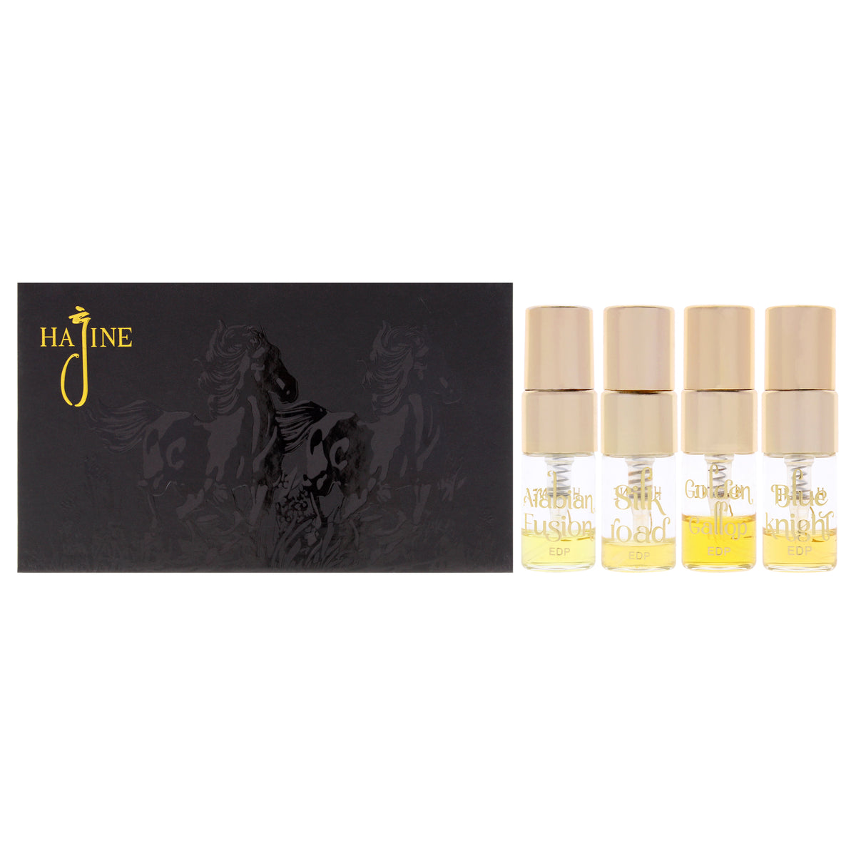 Wild Horse Collection by Hajine for Unisex - 4 Pc Mini Gift Set 2ml Arabian Fusion EDP Spray Vial, 2ml Blue Knight EDP Spray Vial, 2ml Silk Road EDP Spray Vial, 2ml Golden Gallop EDP Spray Vial