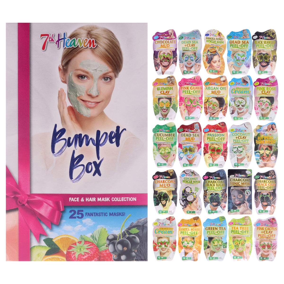 Bumper Box Pamper by 7th Heaven for Women - 25 Pc 0.3oz Dead Peel-Off Mask, 0.3oz Passion Peel-Off Mask, 0.3oz Pink Guava Peel-Off Mask, 0.3oz Green Tea Peel-Off Mask, 0.3oz Black Seawees Pee-Off Mask, 0.3oz Tea Tree Peel-Off Mask, 0.3oz