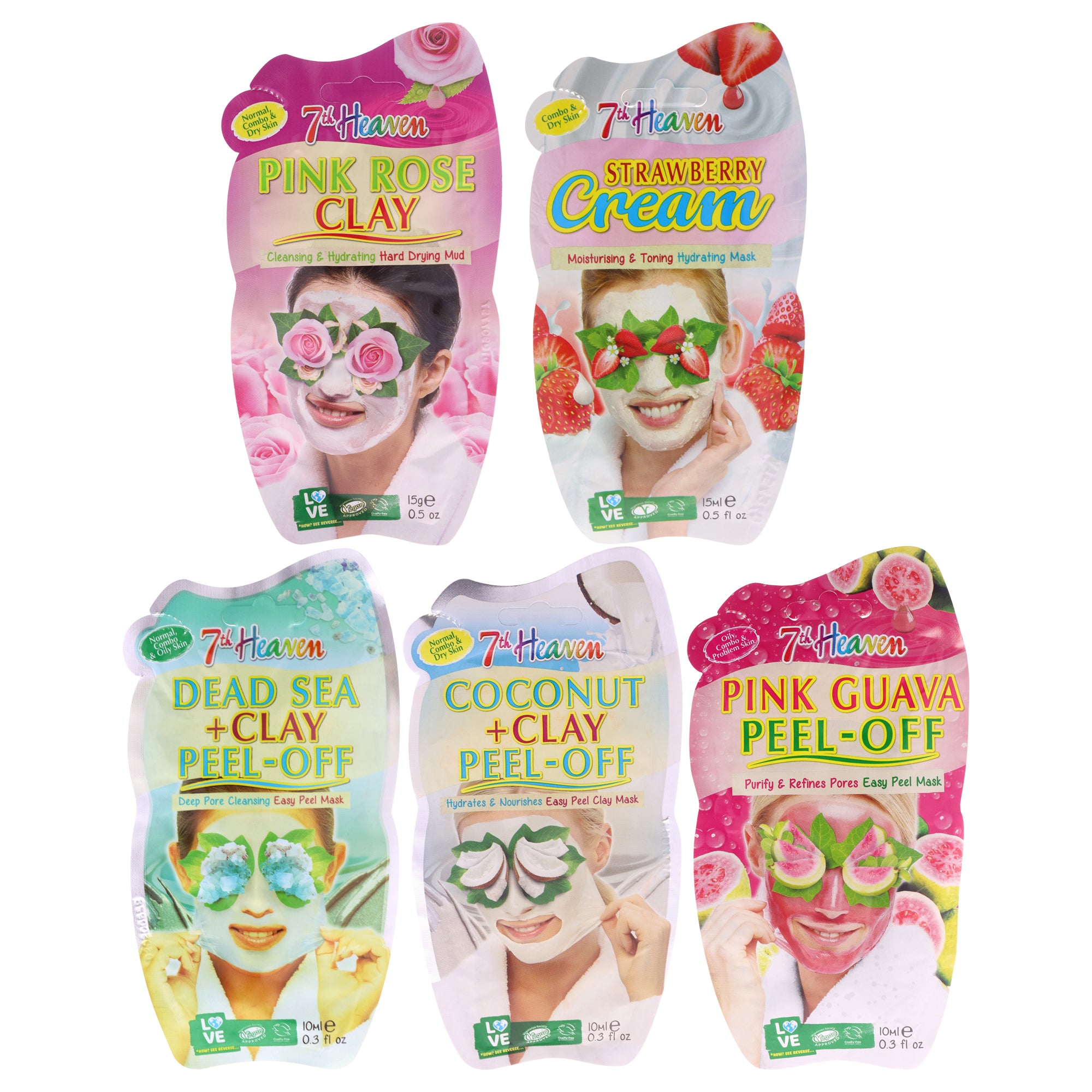 Moisturising Face Masks by 7th Heaven for Women - 5 Pc 0.5oz Strawberry Cream Mask, 0.3oz Dead Sea Plus Clay Peel-Off Mask, 0.3oz Coconut Plus Clay Off-Peel Mask, 0.5oz Pink Rose Clay Mask, 0.3oz Pink Guava Peel-Off Mask