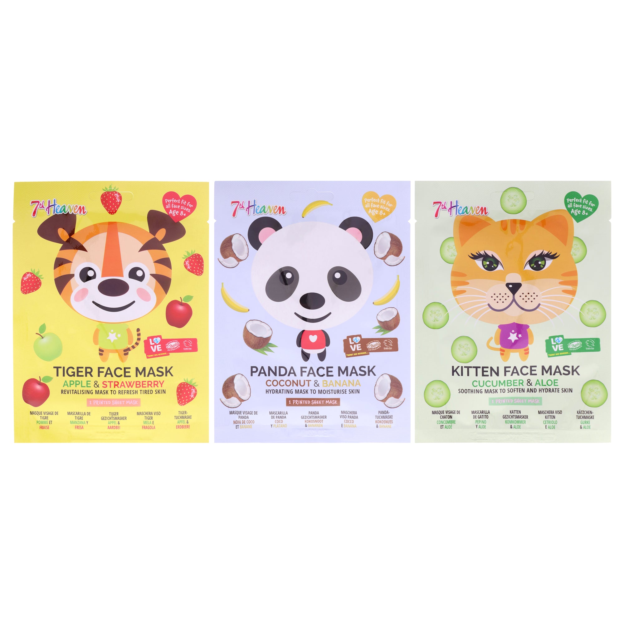 Animal Face Mask Multipack by 7th Heaven for Kids - 3 Pc Kitten Face Mask, Tiger Face Mask, Panda Face Mask