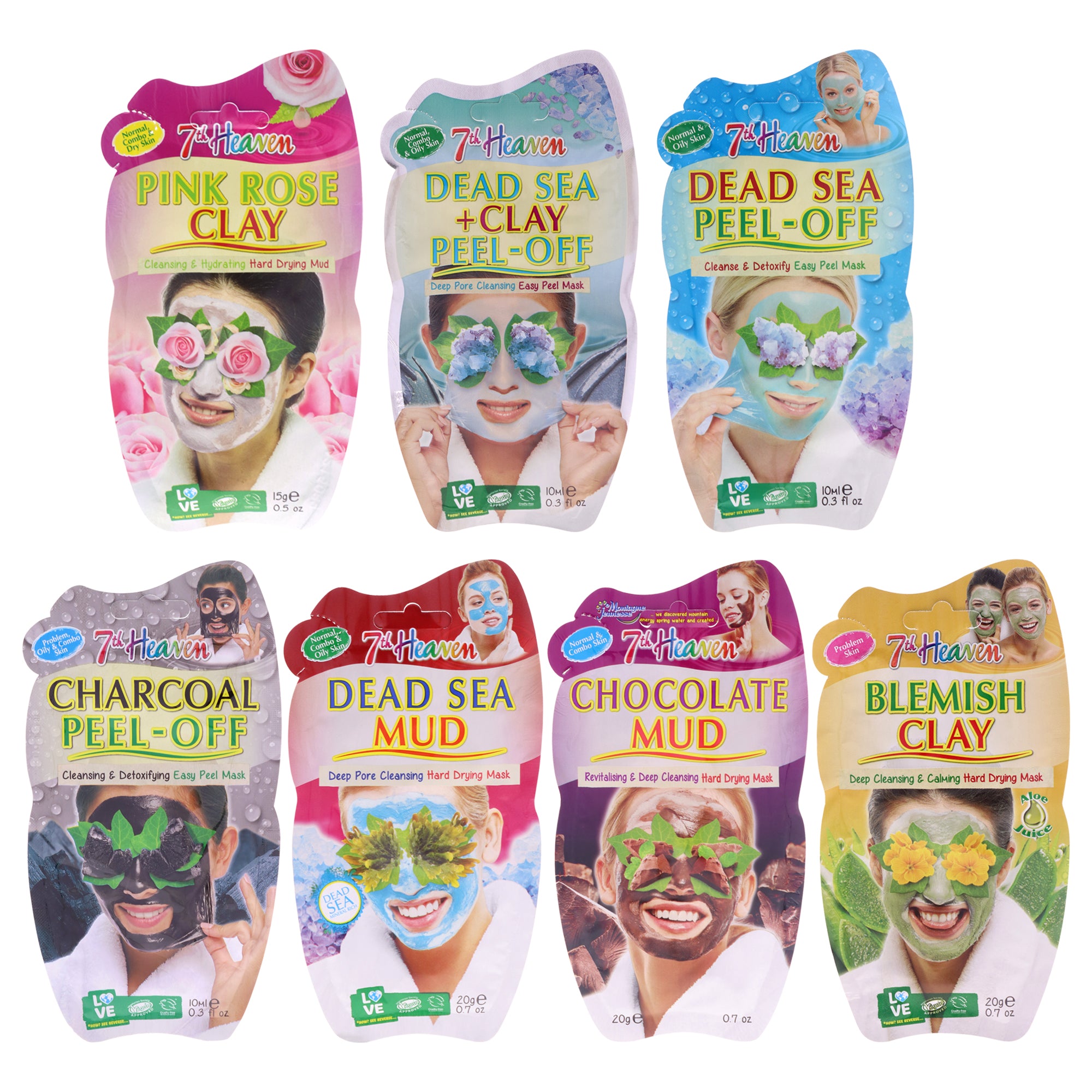 Face Mask Set by 7th Heaven for Women - 7 Pc 0.3oz Dead Sea Plus Clay Peel-Off Mask, 0.5oz Pink Rose Clay Mask, 0.7oz Chocolate Mud Mask, 0.7oz Duad Sea Mud Mask, 0.3oz Deep Sea Peel-Off Mask, 0.3oz Charcoal Peel-Off Mask, 0.33oz Blemish Clay Mask