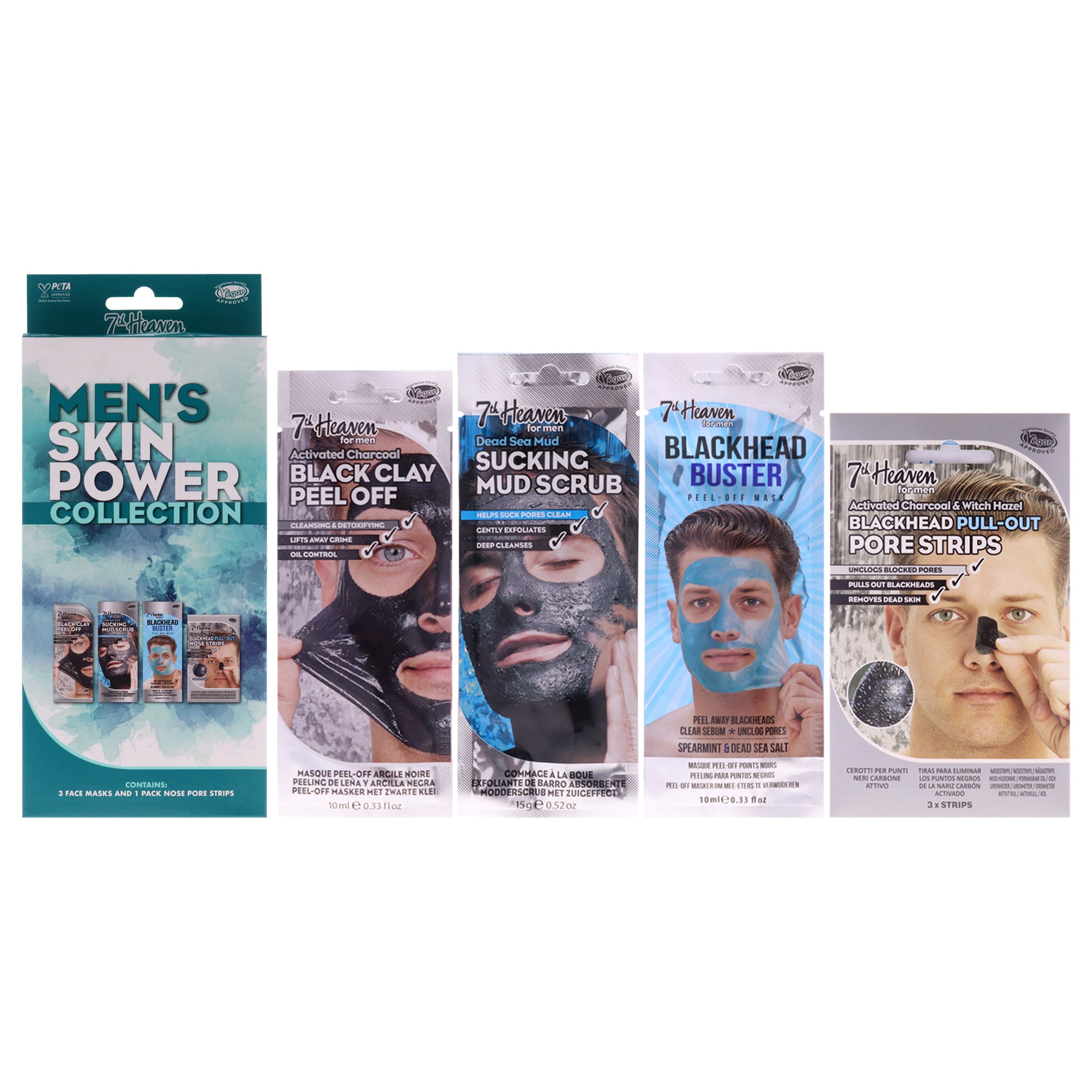 Mens Skin Power Face Mask Collection by 7th Heaven for Men - 3 Pc 0.3oz Activated Charcoal Black Clay Peel Off Mask, 0.52oz Duad Sea Mud Sucking Mud Scrub, 0.33oz Blackhead Buster Peel-Off Mask, 3 Pc Charcoal and Tea Tree Strips
