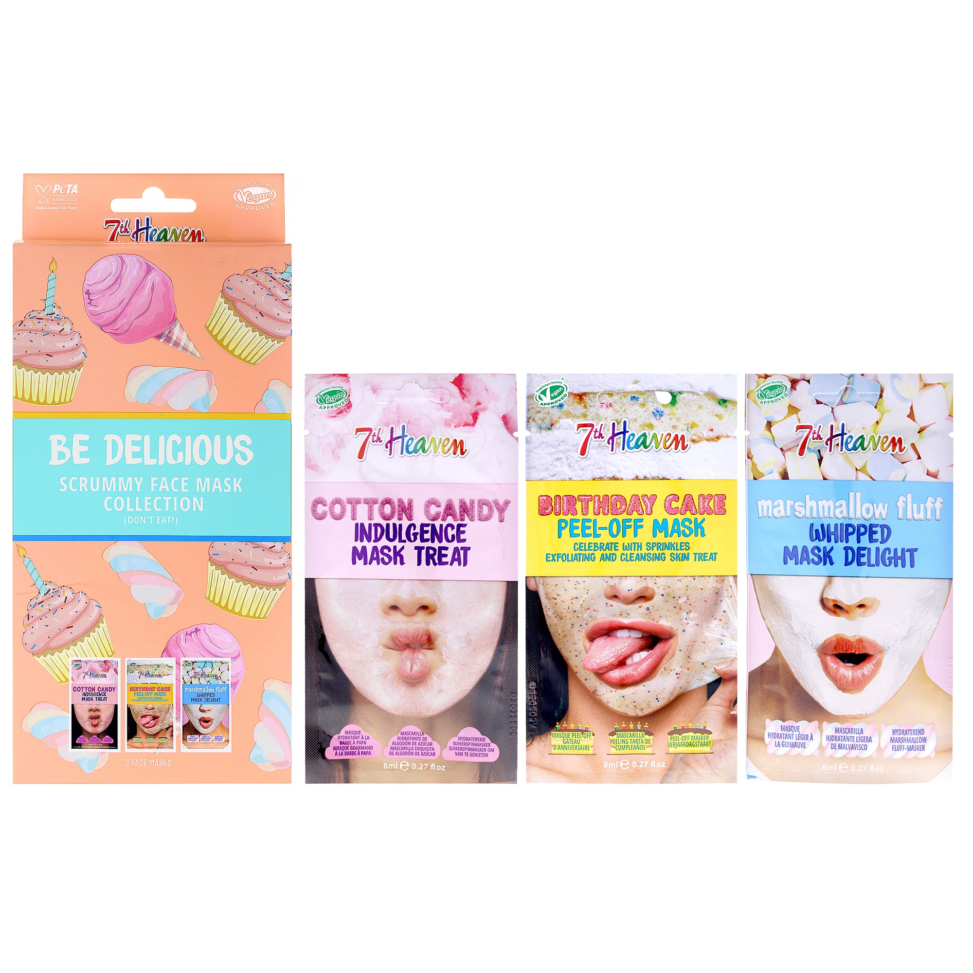 Be Delicious Scrummy Face Mask Collection by 7th Heaven for Women - 3 Pc 0.27oz Marshmallow Fluff Hydrating Mask, 0.27oz Birthday Cake Peel-Off Mask, 0.27oz Cotton Candy Moisturising Mask