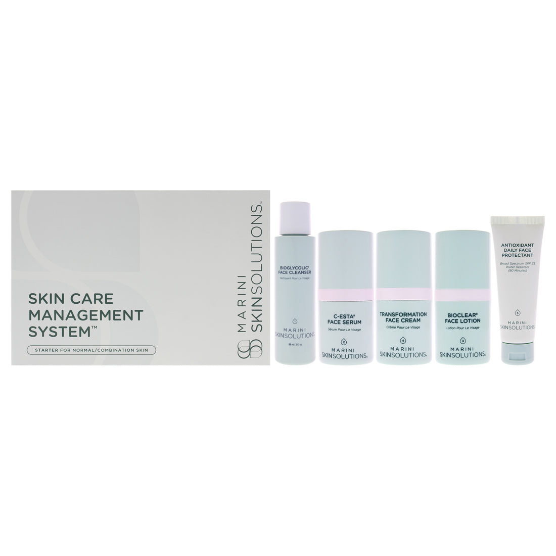 Skin Care Management System - Normal to Combination by Marini SkinSolutions for Unisex - 5 Pc 3oz Bioglycolic Face Cleanser, 0.5oz C-ESTA Face Serum, 0.5oz Bioglycolic Bioclear Face Lotion, 0.5oz Transfomation Face Cream