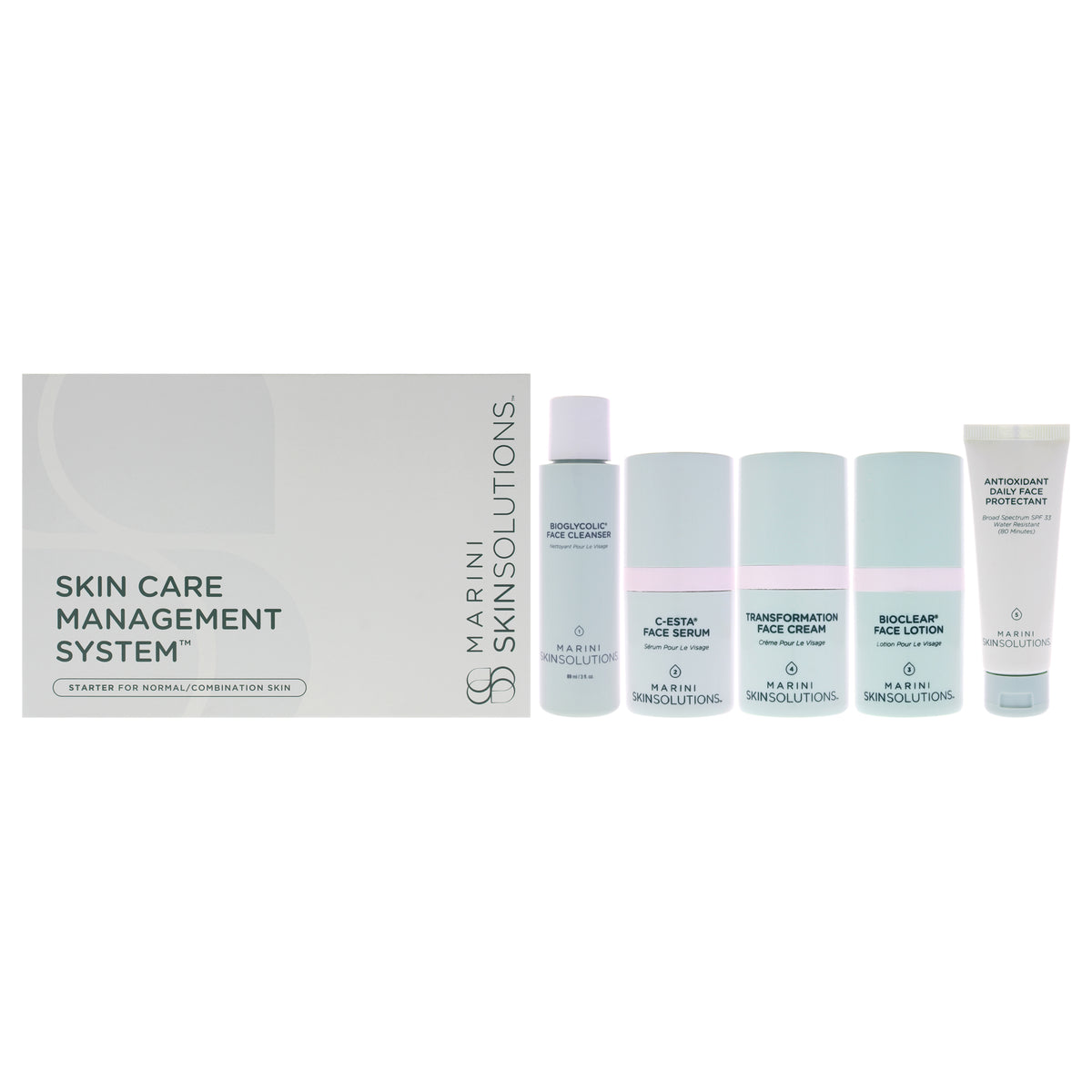Skin Care Management System - Normal to Combination by Marini SkinSolutions for Unisex - 5 Pc 3oz Bioglycolic Face Cleanser, 0.5oz C-ESTA Face Serum, 0.5oz Bioglycolic Bioclear Face Lotion, 0.5oz Transfomation Face Cream