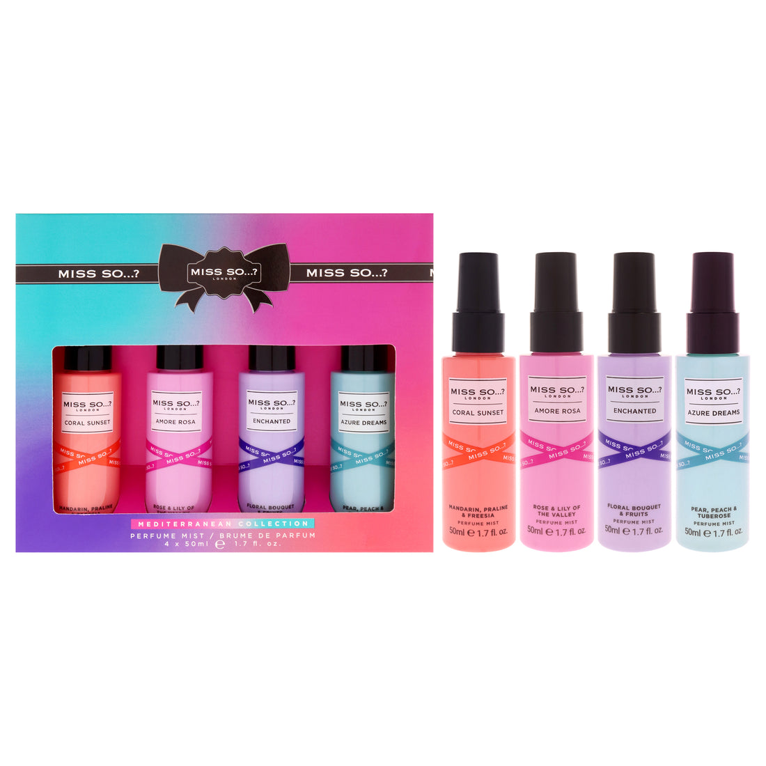 Miss So…? Mediterranean Collection Set by So…? for Women - 4 Pc 1.7oz Perfume Mist - Coral Sunset, 1.7oz Perfume Mist - Amore Rosa, 1.7oz Perfume Mist - Enchanted, 1.7oz Perfume Mist - Azure Dreams