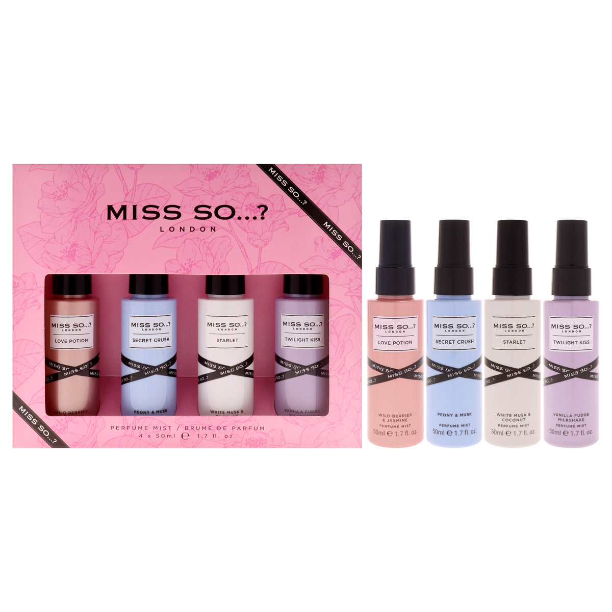 Miss So Set by So…? for Women - 4 Pc 1.7oz Perfume Mist - Love Potion, 1.7oz Perfume Mist - Secret Crush, 1.7oz Perfume Mist - Starlet, 1.7oz Perfume Mist - Twilight Kiss
