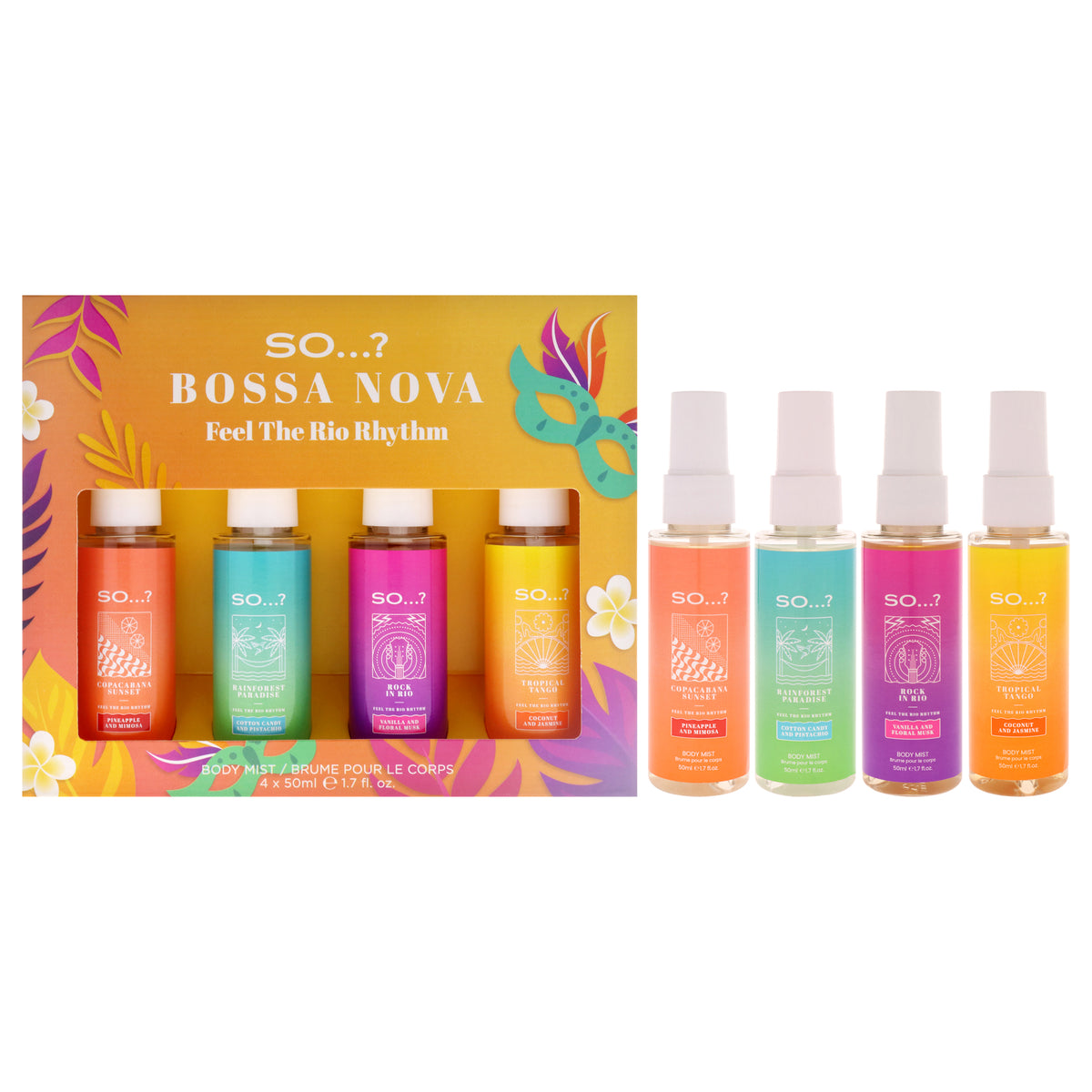 Bossa Nova Body Mist Set by So…? for Women - 4 Pc 1.7oz Body Mist - Copacabana Sunset, 1.7oz Body Mist - Rainforest Paradise, 1.7oz Body Mist - Rock In Rio, 1.7oz Body Mist - Tropical Tango