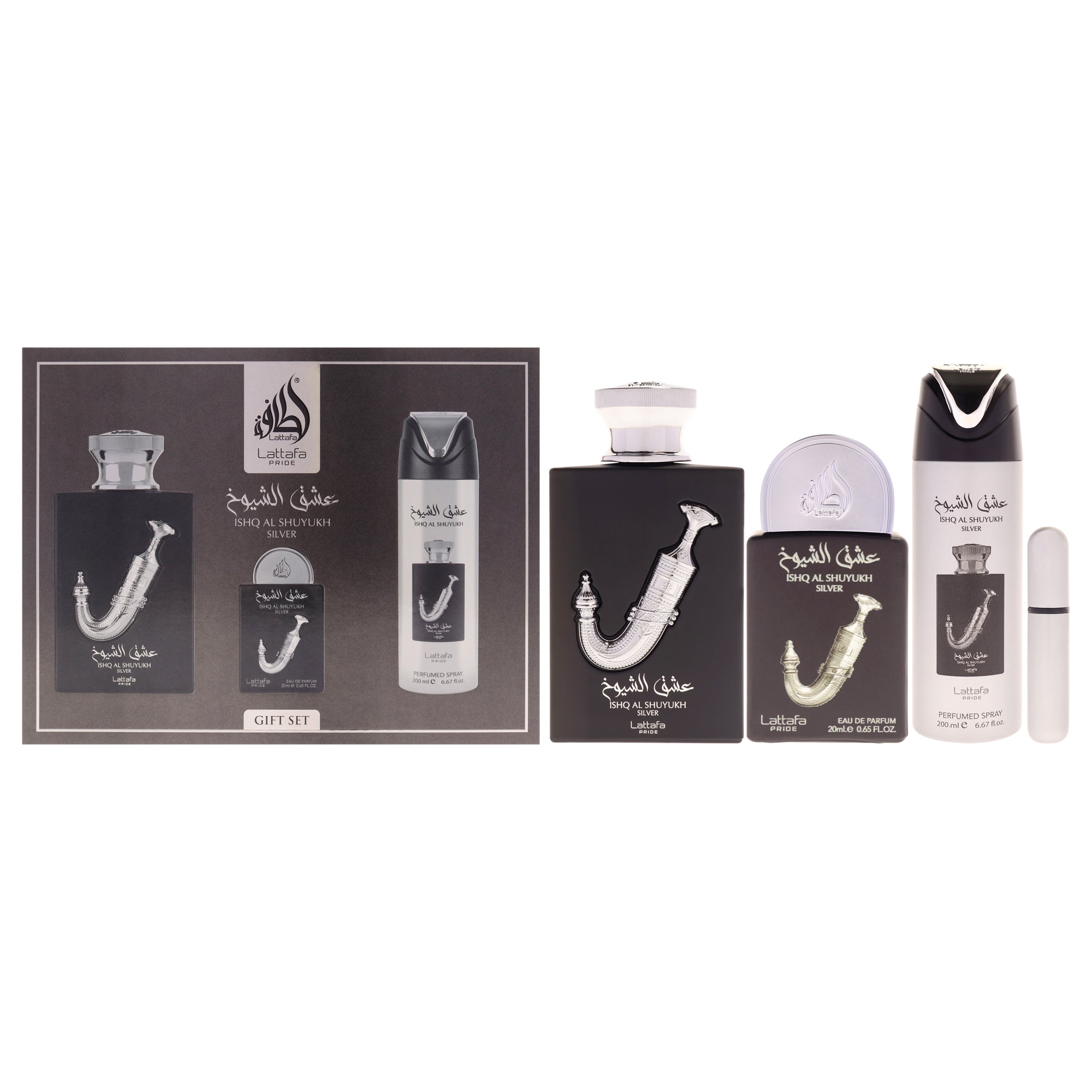 Pride - Ishq Al Shuyukh Silver by Lattafa for Men - 3 Pc Gift Set 3.4oz EDP Spray, 0.67oz EDP Spray, 6.67oz Perfumed Body Spray