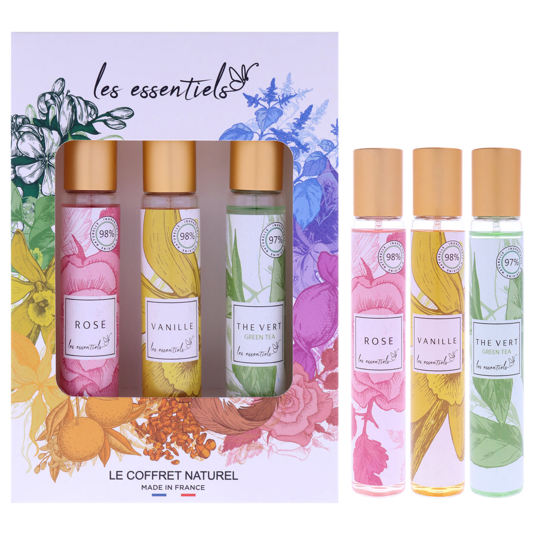 Le Coffret Natural Set by Les Essentials for Women - 3 Pc Gift Set 1oz Rose EDP Spray, 1oz Vanille EDP Spray, 1oz The Vert EDP Spray