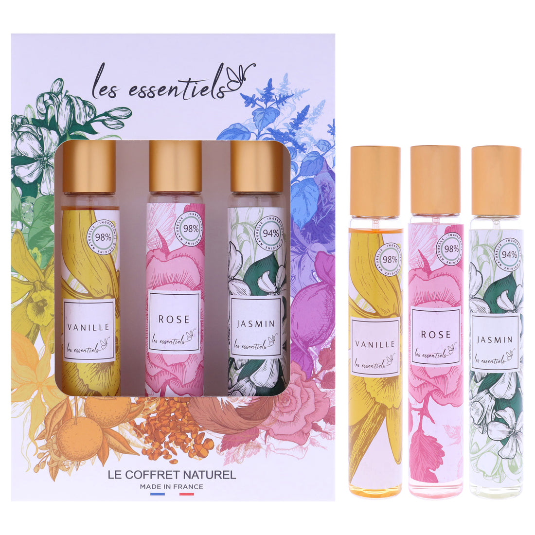 Le Coffret Natural Set by Les Essentials for Women - 3 Pc Gift Set 1oz Vanille EDP Spray, 1oz Rose EDP Spray, 1oz Jasmin EDP Spray