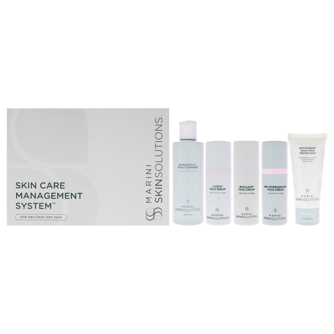 Skin Care Management System - Dry to Very Dry by Marini SkinSolutions for Unisex - 5 Pc 6oz Bioglycolic Face Cleanser, 1oz C-ESTA Face Serum, 1oz Bioclear Face Lotion, 1oz Age Intervention Face Cream, 2oz Antioxidant Daily Face Protectant SPF 33